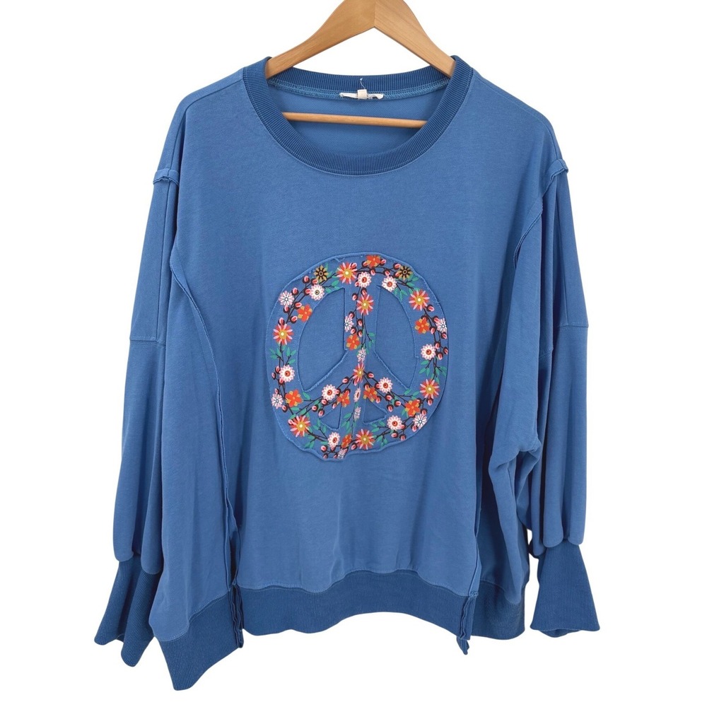 Easel  Blue Floral Peace Sign Oversized Sweatshirt Women Large